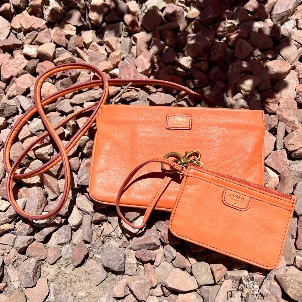 Fossil Terracotta Leather Crossbody Bag and Matching Card Case Set Boho EUC